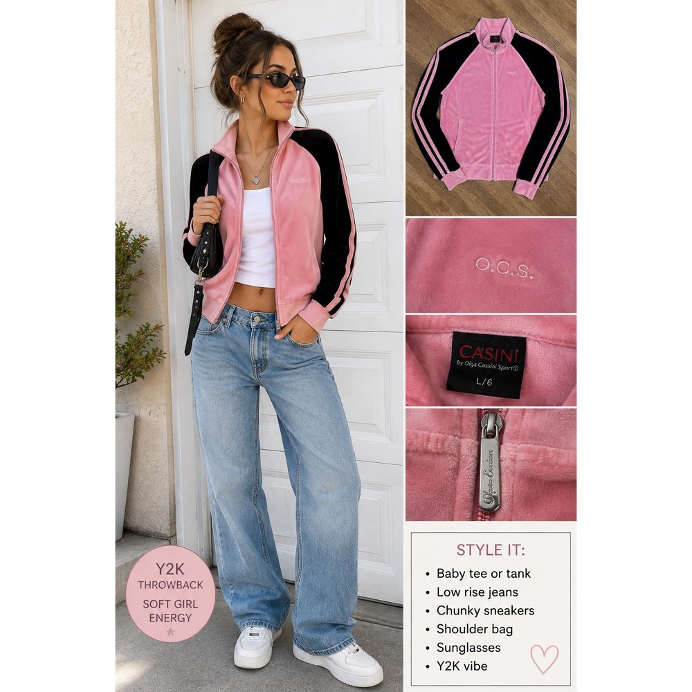 Olga Cassini Sport Womens L Pink Black Velour Track Jacket Y2K Full Zip Retro